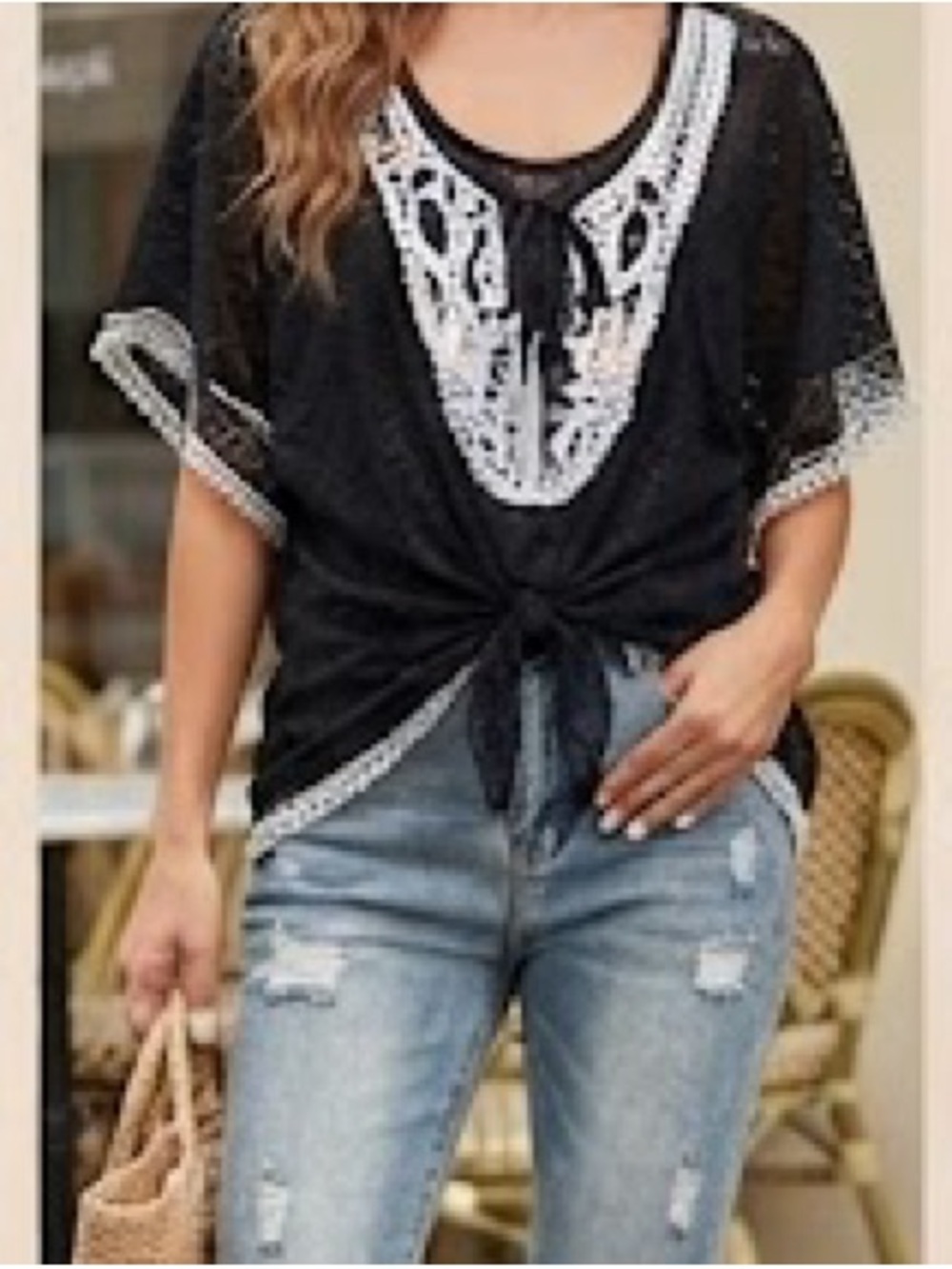 🔥Bellisima Black Lace Embroidered Crochet White Trim - Tunic Beach Swim CoverUp